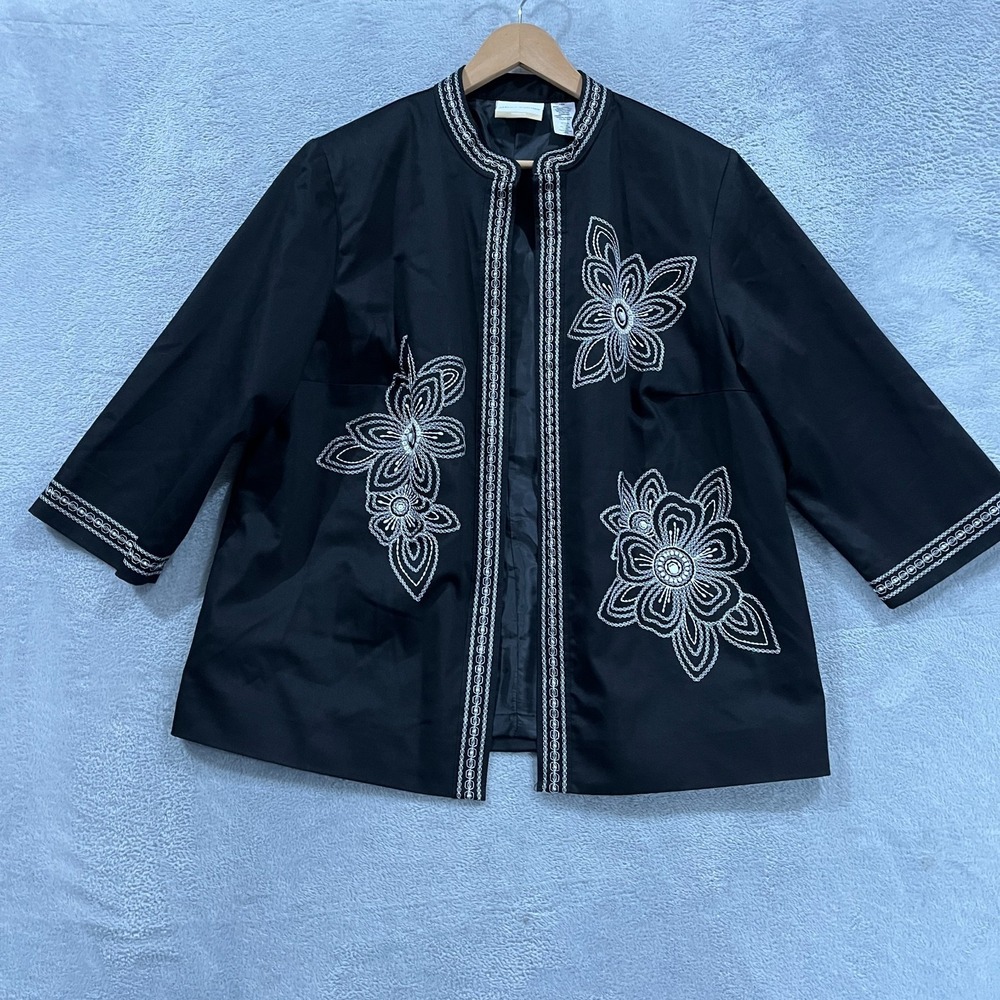 Alfred‎ Dunner Jacket Womens 16W Open Front Embroidered Floral Preppy Boho